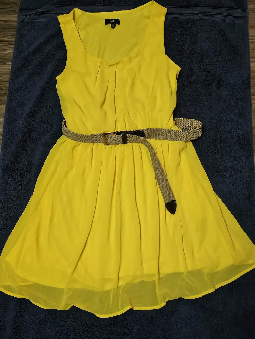 Iz Byer Bright Yellow Sleeveless Fit & Flare Dress with Tan Belt